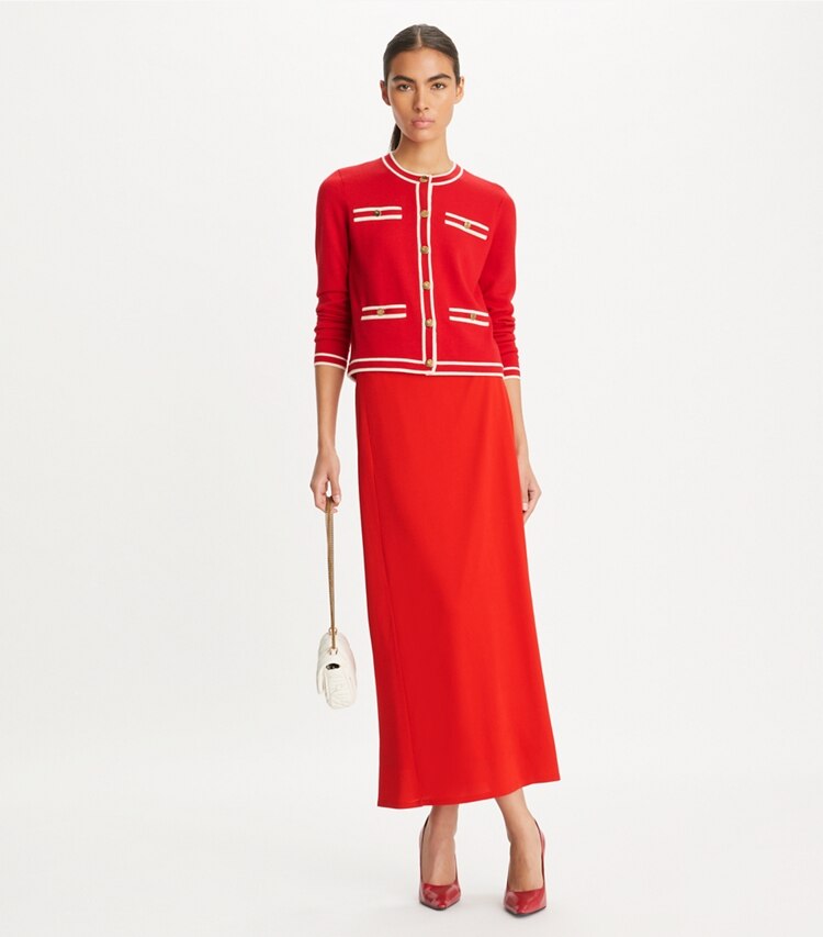 Tory Burch designer セーター ケンドラ カーディガン in Red Begonia / Creme モデル前面