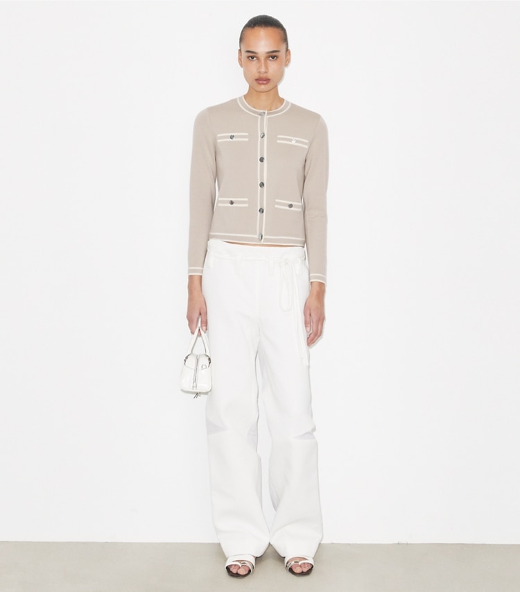 Tory Burch designer sweaters Kendra Cardigan in Gray / New Ivory on model front