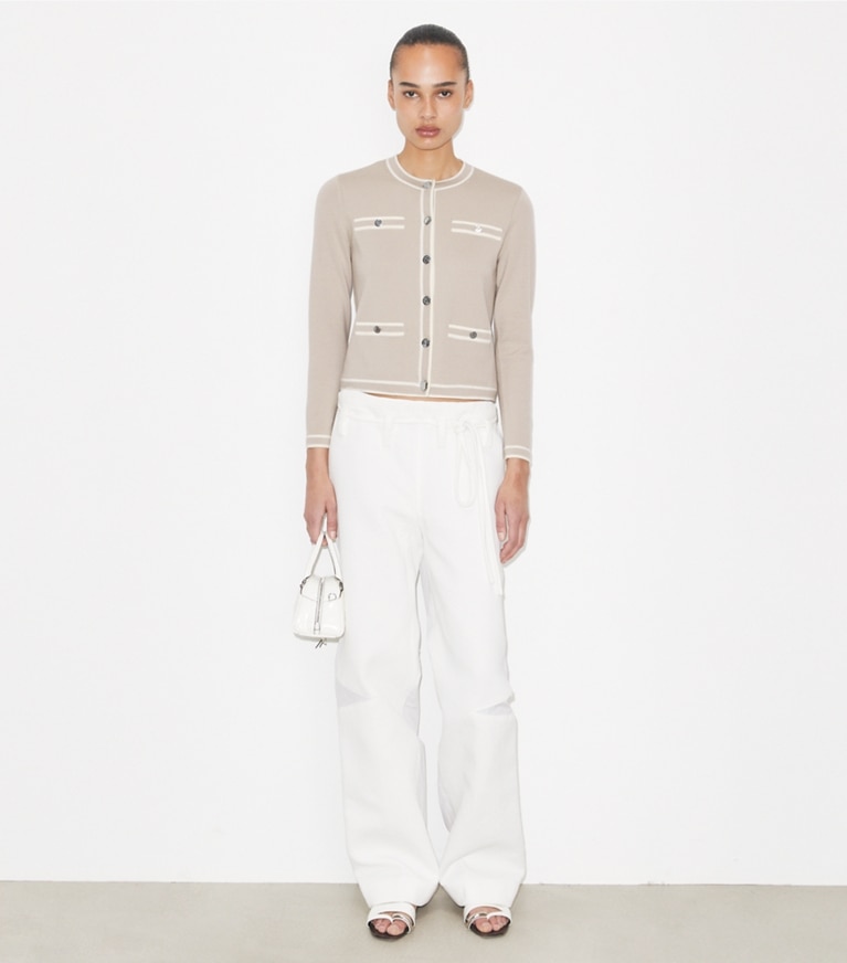 Tory Burch designer sweaters Kendra Cardigan in Gray / New Ivory on model front