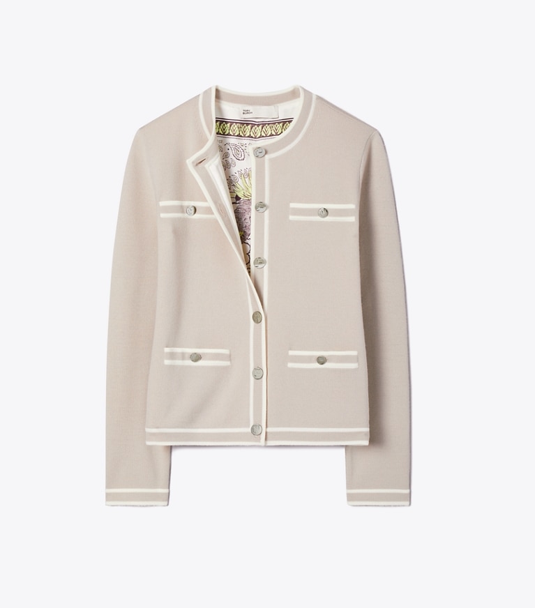 Tory Burch designer sweaters Kendra Cardigan in Gray / New Ivory packable reversible