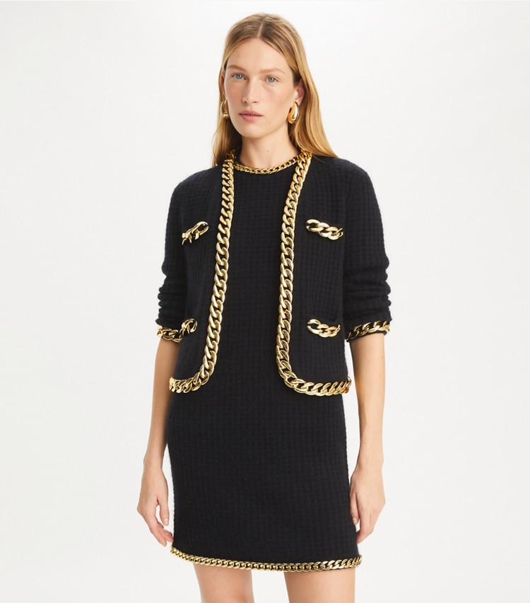 Tory Burch designer sweaters Kendra Chain Cardigan in Black on model detail
