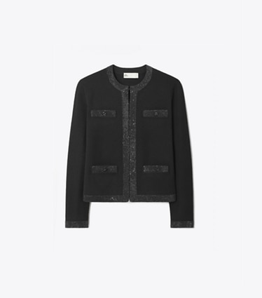Tory Burch designer sweaters Kendra Embellished Wool Cardigan in Black front