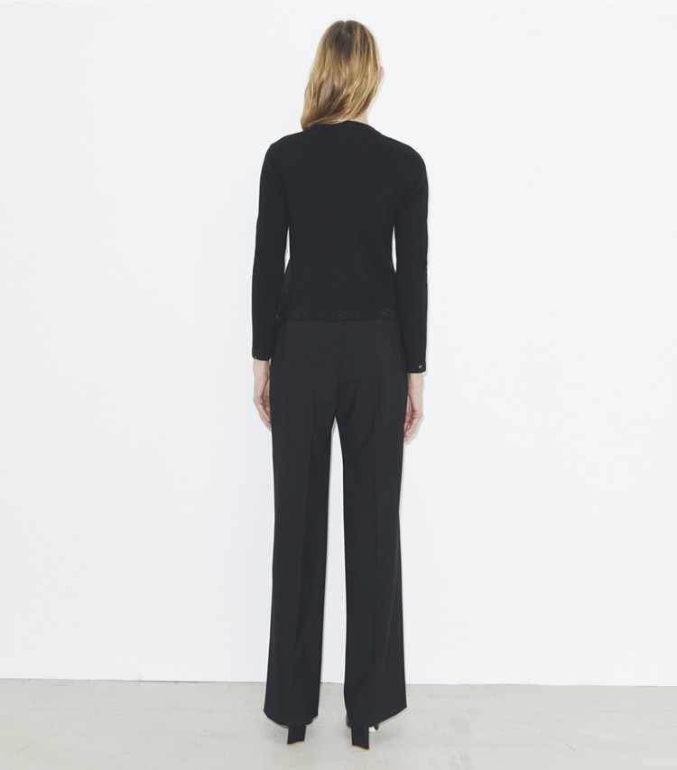 Tory Burch designer sweaters Kendra Embellished Wool Cardigan in Black on model back