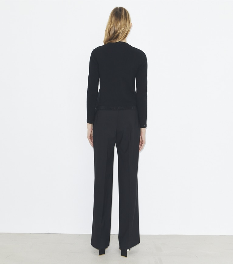 Tory Burch designer sweaters Kendra Embellished Wool Cardigan in Black front