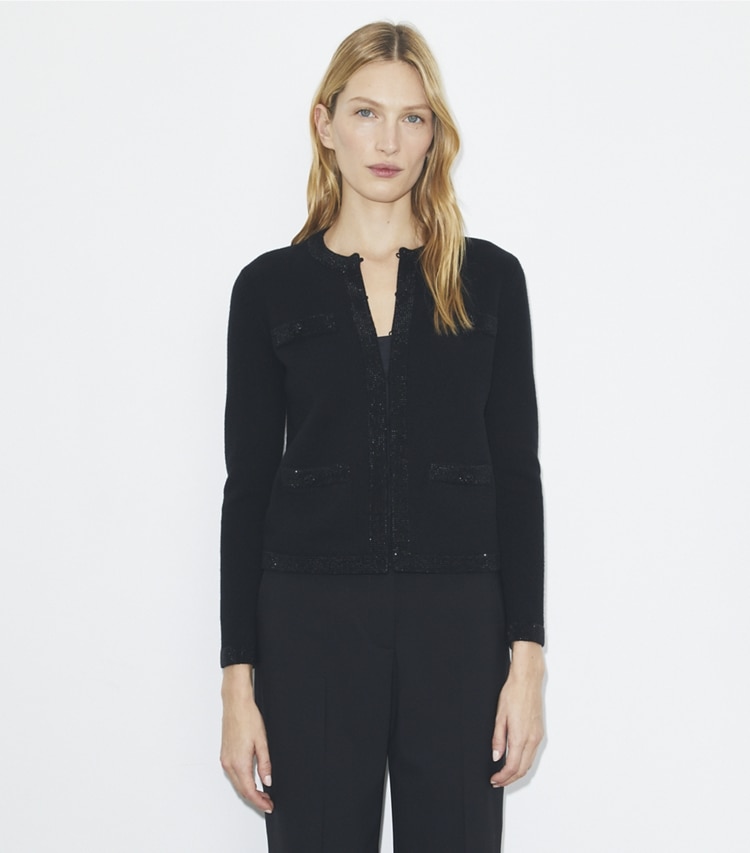 Tory Burch designer sweaters Kendra Embellished Wool Cardigan in Black on model detail