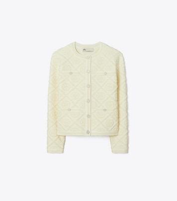 Tory Burch designer sweaters Kendra Embossed Cardigan in Light Fresh Ivory T Monogram front