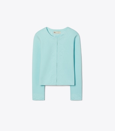 Tory Burch designer sweaters Kendra Embossed Cardigan in Atoll Blue front
