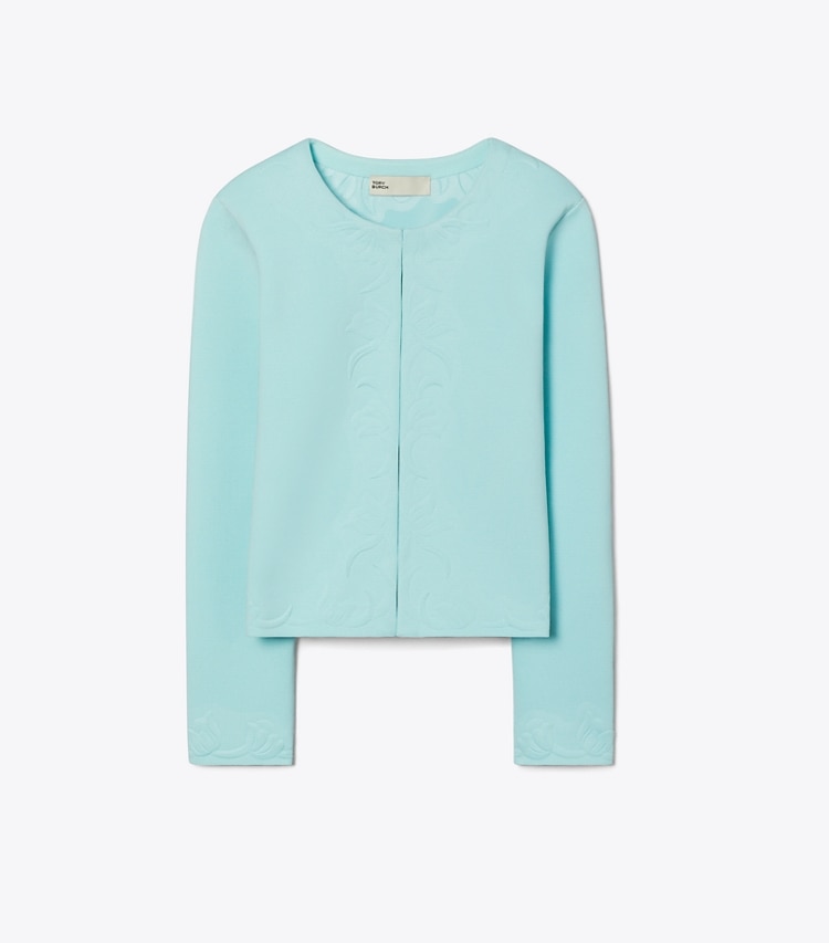 Tory Burch designer sweaters Kendra Embossed Cardigan in Atoll Blue front