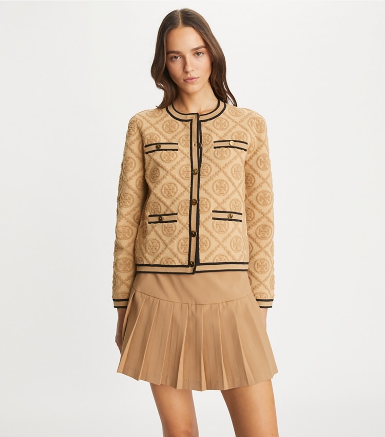 Tory Burch designer sweaters Kendra Embossed Cardigan in Camel Heather on model detail