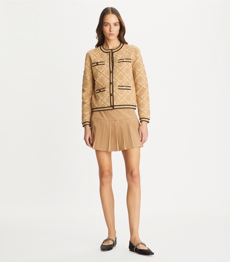 Tory Burch designer sweaters Kendra Embossed Cardigan in Camel Heather on model front