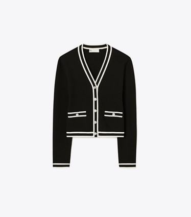 Tory Burch designer strickware Kendra Figurbetonter Cardigan in Black / New Ivory front