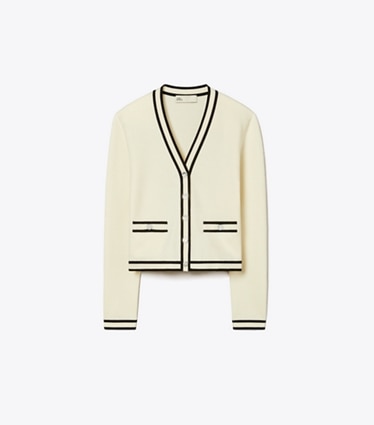 Tory Burch designer strickware Kendra Figurbetonter Cardigan in New Ivory / Black front