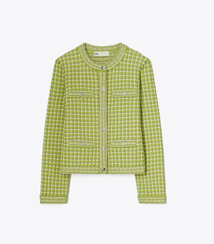Tory Burch designer sweaters Kendra Jacquard Cardigan in Dark Mint front