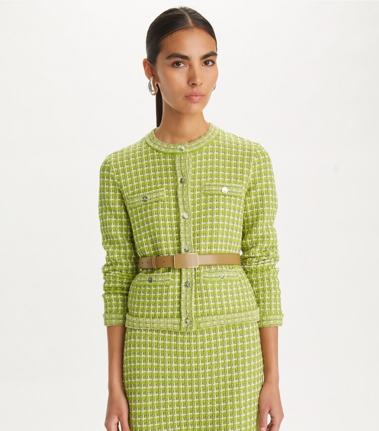 Tory Burch designer sweaters Kendra Jacquard Cardigan in Dark Mint on model detail