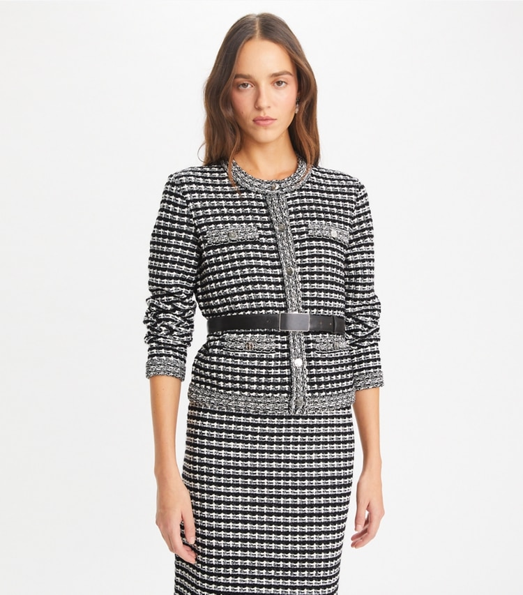 Tory Burch designer sweaters Kendra Jacquard Cardigan in Black / White on model detail