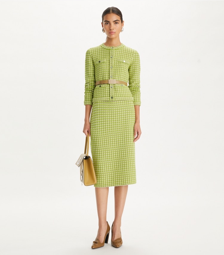 Tory Burch designer sweaters Kendra Jacquard Cardigan in Dark Mint on model front