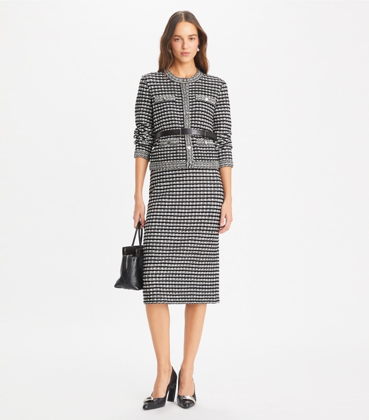 Tory Burch designer sweaters Kendra Jacquard Cardigan in Black / White on model front