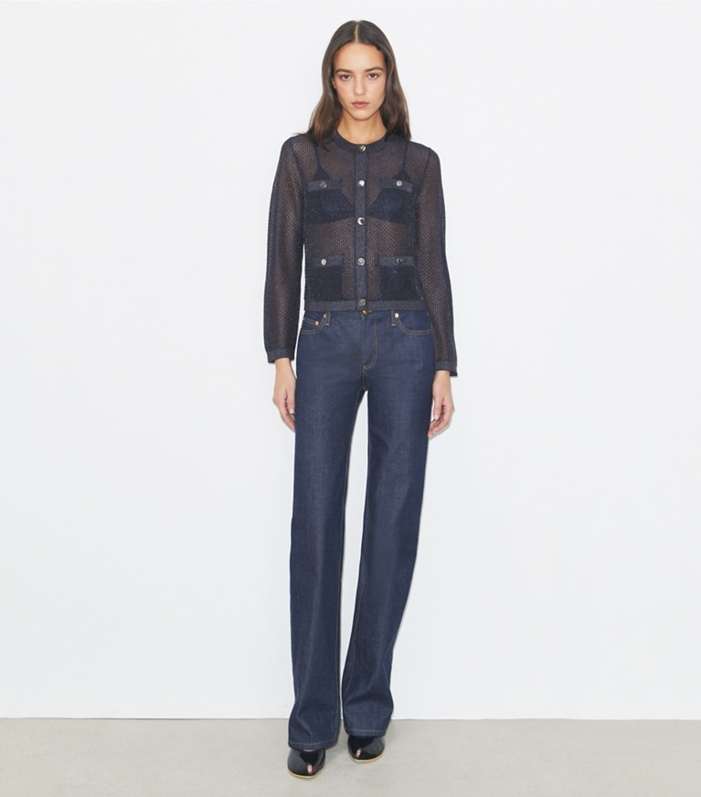 Tory Burch designer セーター ケンドラ メッシュ カーディガン in Black / Blue Shimmer front