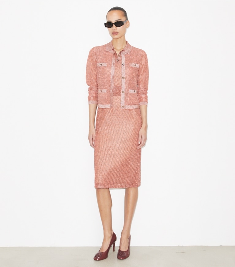 Tory Burch designer sweaters Kendra Mesh Cardigan in Copper / Soft Pink additional on model