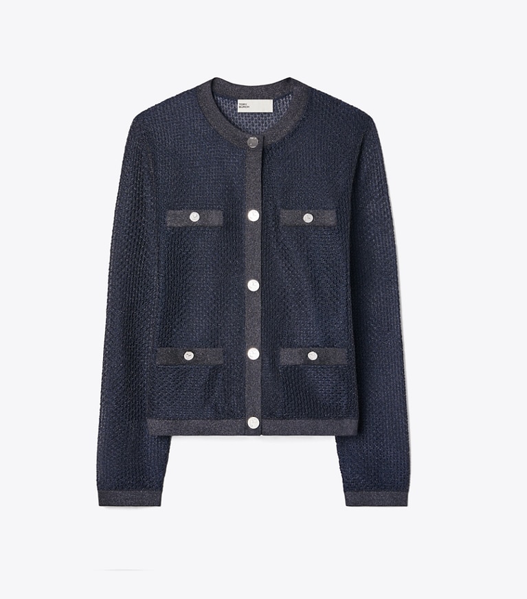 Tory Burch designer セーター ケンドラ メッシュ カーディガン in Black / Blue Shimmer front