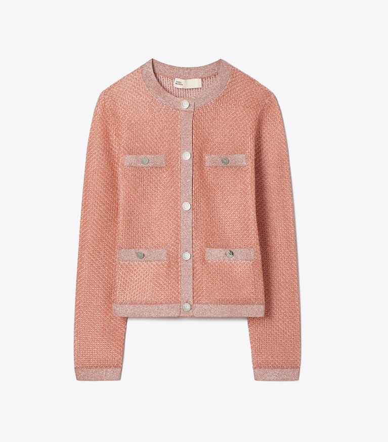 Tory Burch designer sweaters Kendra Mesh Cardigan in Copper / Soft Pink front