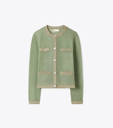 Tory Burch designer sweaters Kendra Mesh Cardigan in Gold / Green front
