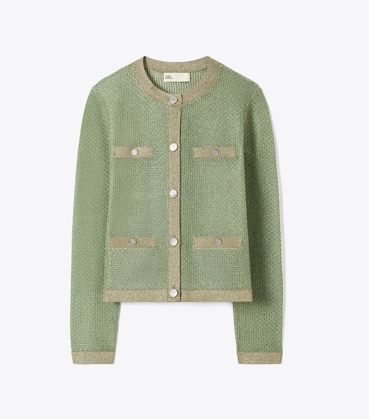 Tory Burch designer sweaters Kendra Mesh Cardigan in Gold / Green front