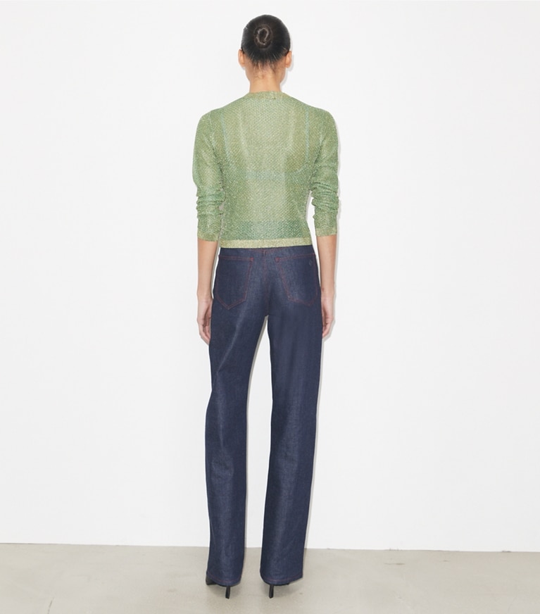 Tory Burch designer sweaters Kendra Mesh Cardigan in Gold / Green on model back