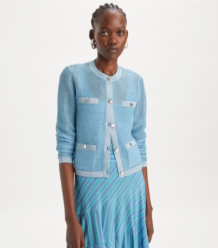 Tory Burch designer sweaters Kendra Mesh Cardigan in Starlight Blue on model detail