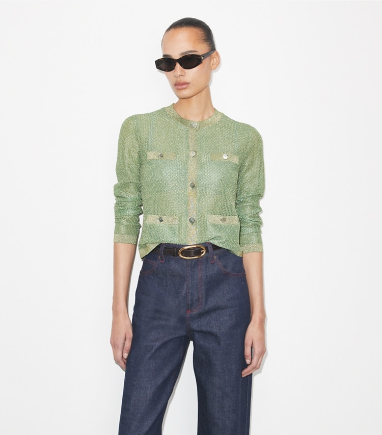 Tory Burch designer sweaters Kendra Mesh Cardigan in Gold / Green on model detail
