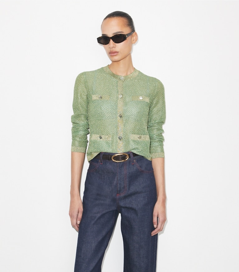 Tory Burch designer sweaters Kendra Mesh Cardigan in Gold / Green on model detail