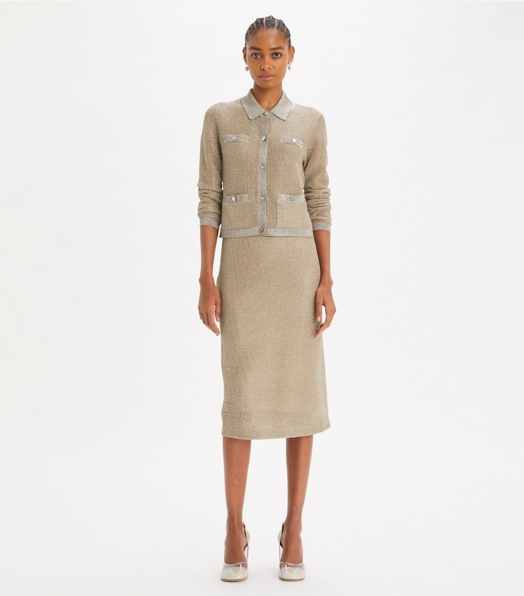 Tory Burch designer セーター ケンドラ メッシュ カーディガン in Starlight Titanium モデル前面
