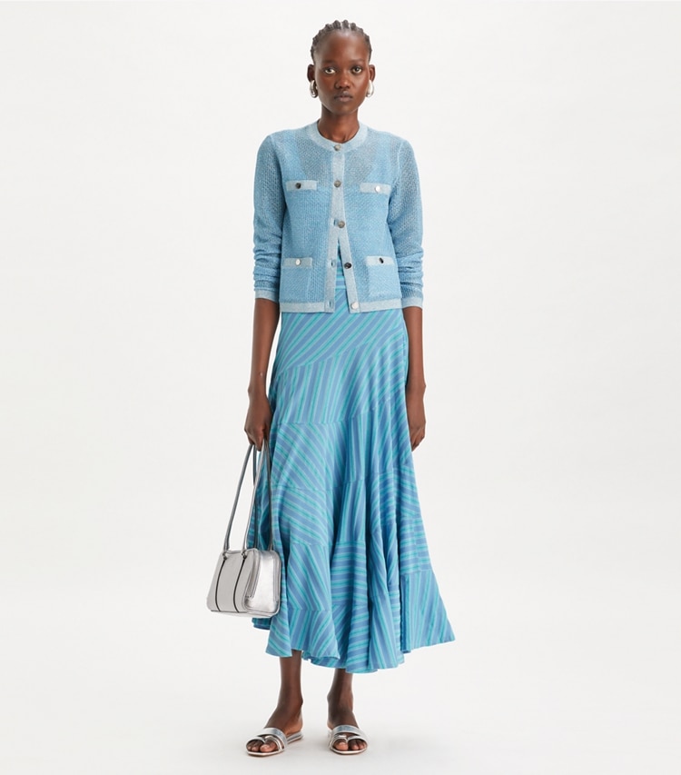 Tory Burch designer sweaters Kendra Mesh Cardigan in Starlight Blue on model front