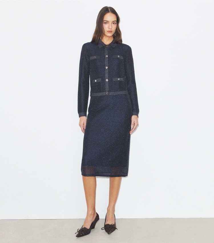 Tory Burch designer セーター ケンドラ メッシュ カーディガン in Black / Blue Shimmer モデル前面