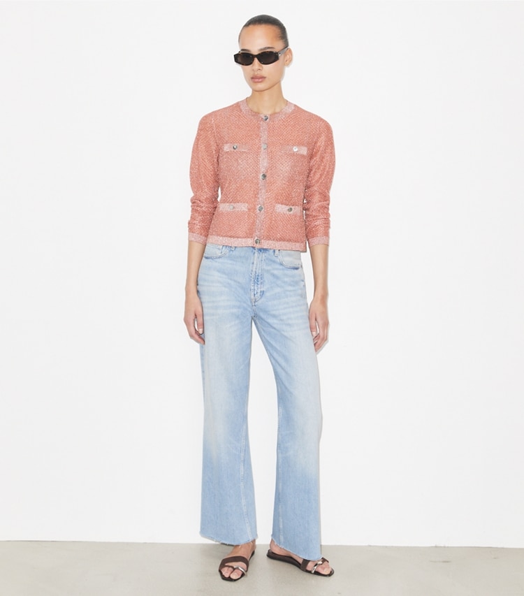 Tory Burch designer sweaters Kendra Mesh Cardigan in Copper / Soft Pink on model front