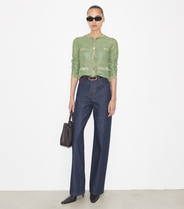 Tory Burch designer sweaters Kendra Mesh Cardigan in Gold / Green on model front