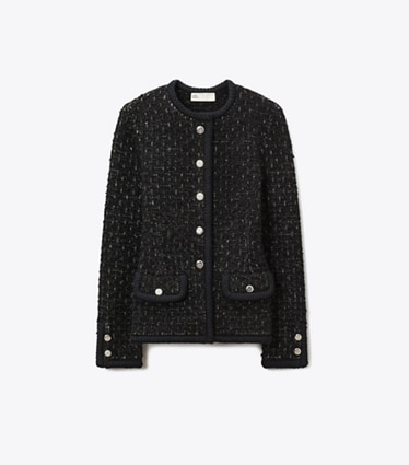 Tory Burch designer sweaters Kendra Metallic Tweed Cardigan in Black Multi front
