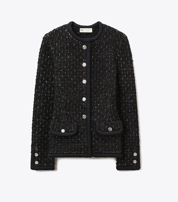 Tory Burch designer sweaters Kendra Metallic Tweed Cardigan in Black Multi front