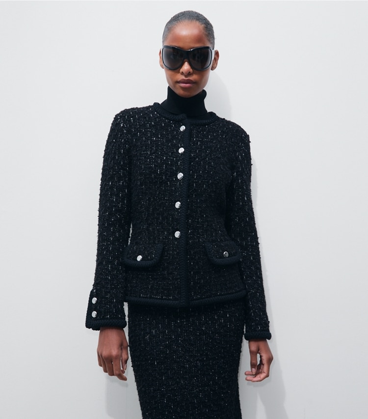 Tory Burch designer sweaters Kendra Metallic Tweed Cardigan in Black Multi on model detail