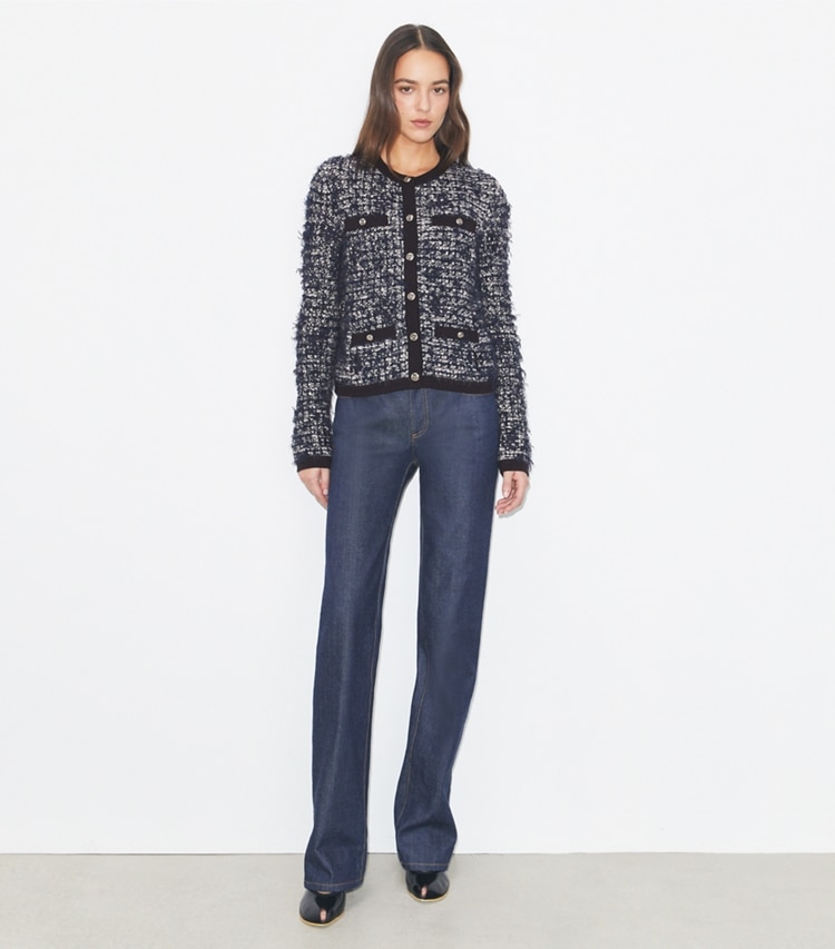 Tory Burch designer sweaters Kendra Tweed Cardigan in Navy / Ivory additional on model