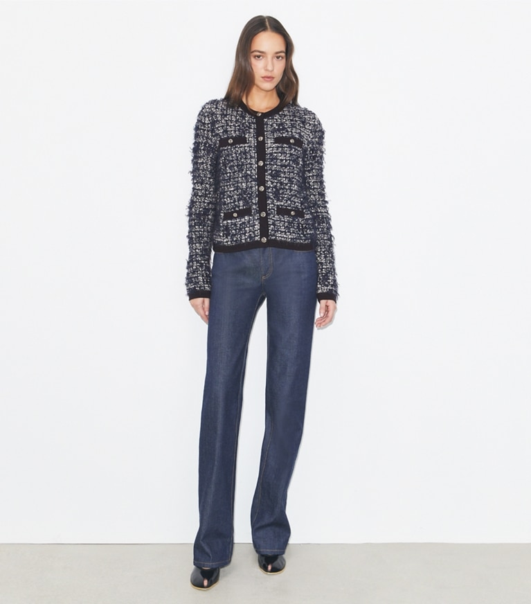 Tory Burch designer sweaters Kendra Tweed Cardigan in Navy / Ivory front