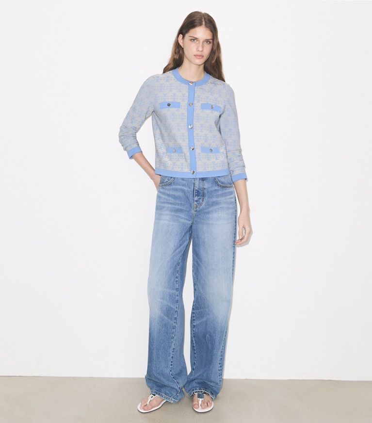 Tory Burch designer sweaters Kendra Viscose Cardigan in Vanilla / Blue additional on model