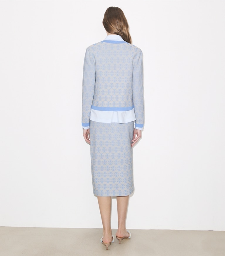 Tory Burch designer sweaters Kendra Viscose Cardigan in Vanilla / Blue on model back