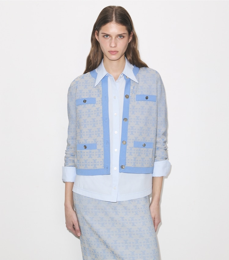 Tory Burch designer sweaters Kendra Viscose Cardigan in Vanilla / Blue on model detail