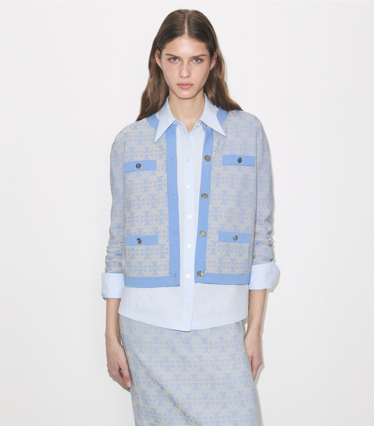 Tory Burch designer sweaters Kendra Viscose Cardigan in Vanilla / Blue on model detail