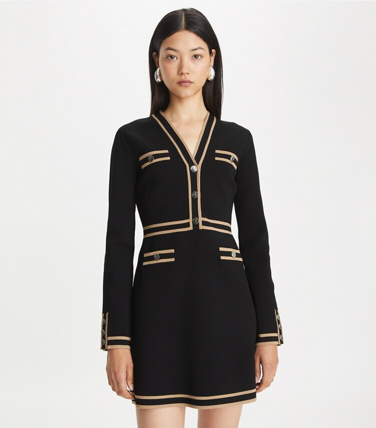 Tory Burch designer ドレス ケンドラ レーヨン セータードレス in Black / Chameau on model detail