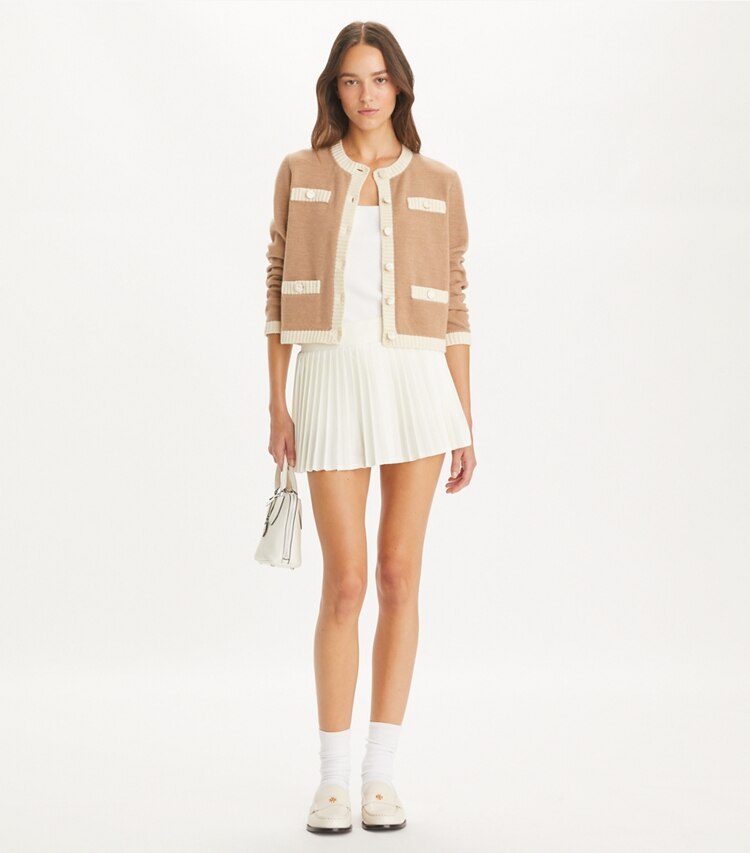 Tory Burch designer strickware Kendra Woll-Cardigan in Camel Heather / French Cream modell von vorn