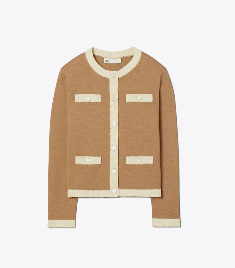 Tory Burch designer セーター ケンドラ ウール カーディガン in Camel Heather / French Cream front