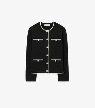 Tory Burch designer sweaters Kendra Wool Cardigan in Black / New Ivory front