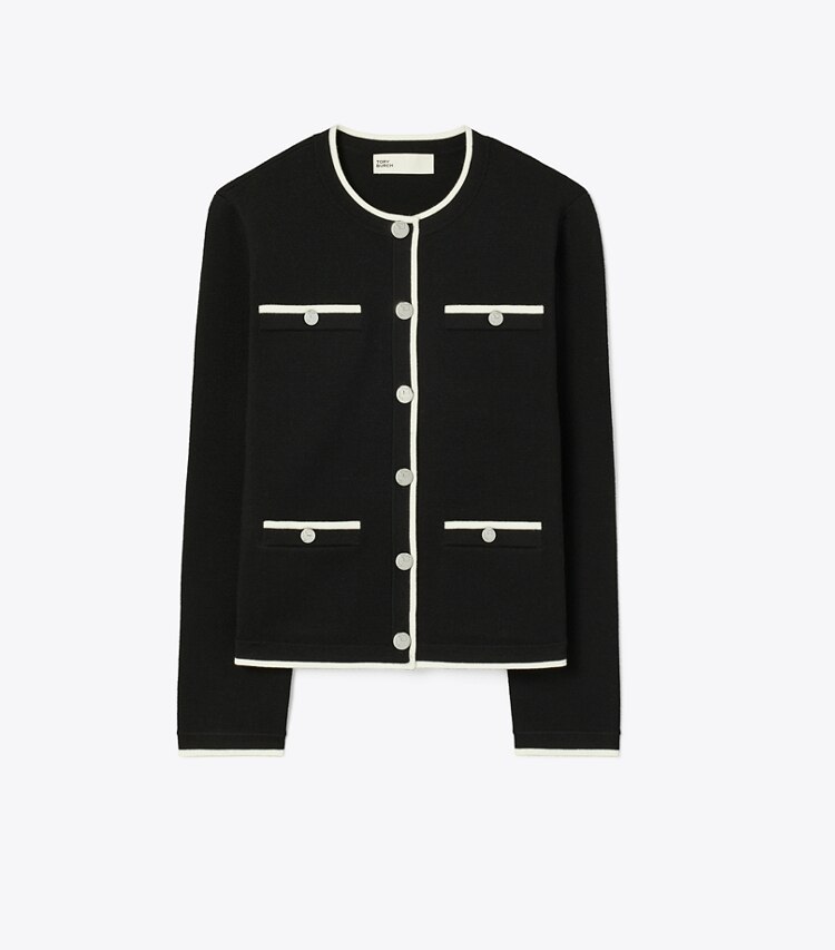 Tory Burch designer sweaters Kendra Wool Cardigan in Black / New Ivory front